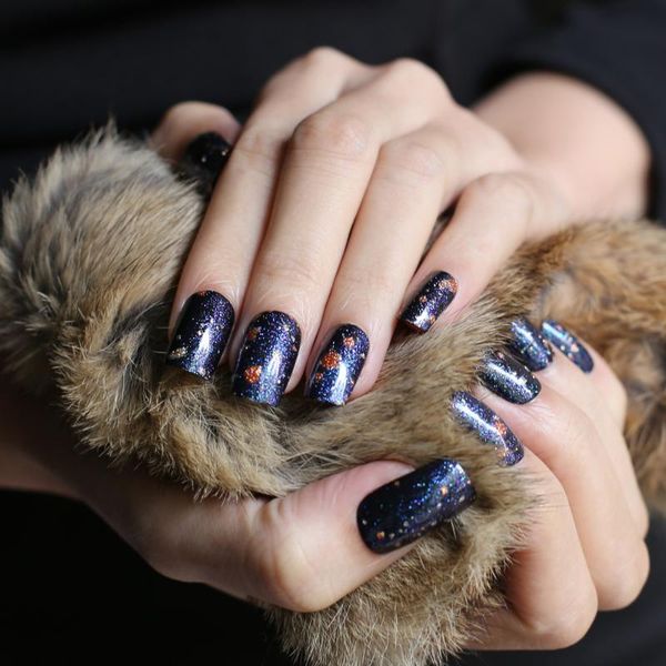 

square fasle nails 24pcs full sets outer space feeling blue artistic nails orange graffiti glitter irregular, Red;gold