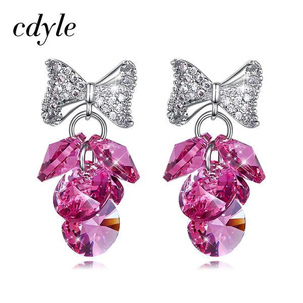 

cdyle gorgeous bowknot earrings for women pink/ab color/black crystal grape water drop earrings wedding bridal jewelry bijoux, Silver