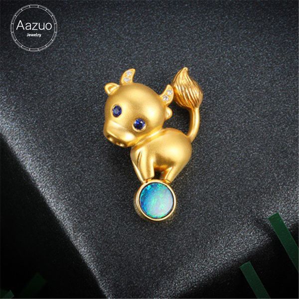 

chains aazuo 18k yellow gold natural blue opal sapphire real diamond animal cattle pendent with chain gifted for women valentine's day, Silver