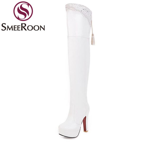 

smeeroon winter boots tassel office ladies round toe over the knee boots high thin heels fashion women's shoes large size, Black