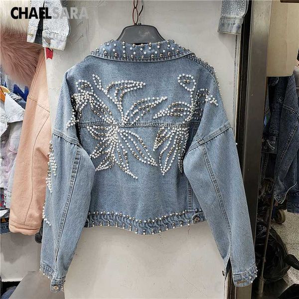 

women's jackets handmade beaded denim jacket women 2021 spring autumn rivet loose short jeans coat, Black;brown