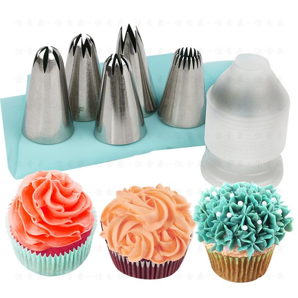 

kitchen bakeware silicone icing bag stainless steel rose decorating tip nozzle baking forming mold cake decorating tools 7pc/set