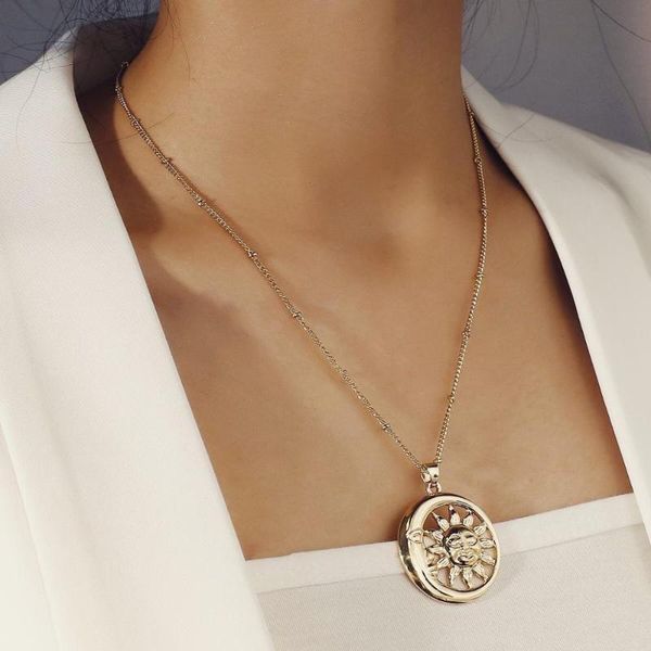 

lifefontier fashion gold color metal chain necklace moon and sun pendant long necklace collar for women statement jewelry gift, Silver