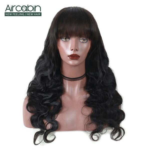

aircabin brazilian remy body wave wig with bangs human hair wigs for black women deep part lace front closure natural color, Black;brown