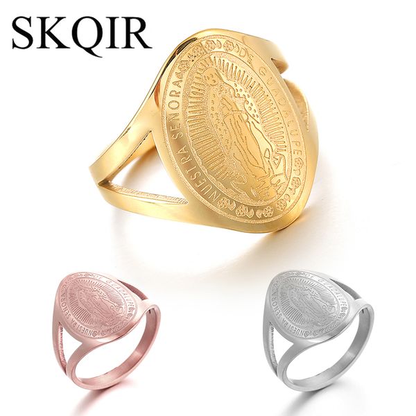 

blessed virgin mary rings for women 3 colors stainless steel oval ring hombre jewelry nuestra senora de guadalupe christian gift, Golden;silver