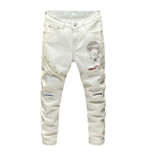 

men's jeans male casual fashion crystal patchwork white streetwear slim fit patch design stretch denim pants trousers, Blue