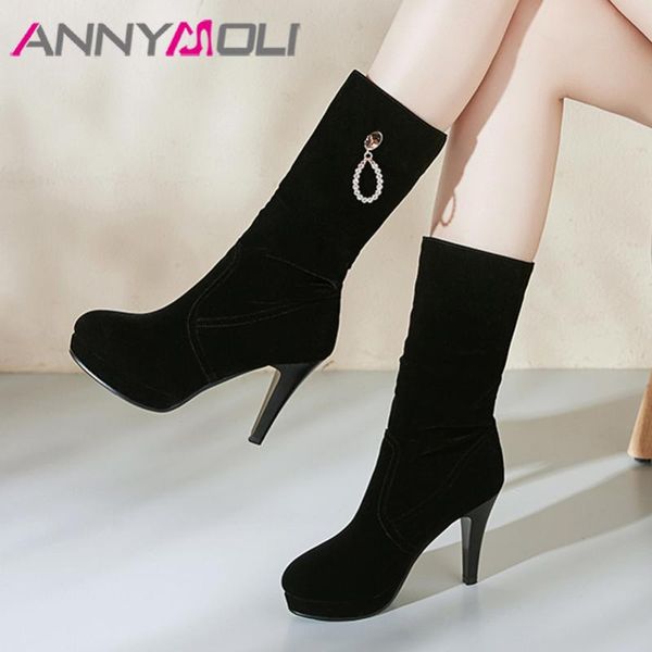 

annymoli winter mid calf boots women crystal platform thin heels boots slip on extreme high heel shoes female black size 34-39