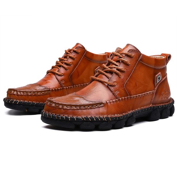 

2020 autumn outdoor hiking boots handmade genuine leather men shoes high casual boots brand design men rubber footwear, Black
