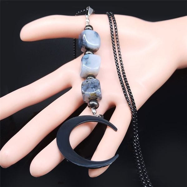 

2020 big long black moon stainless steel natural stone necklace chain women black color pendant necklace jewelry cadena n6s04, Silver