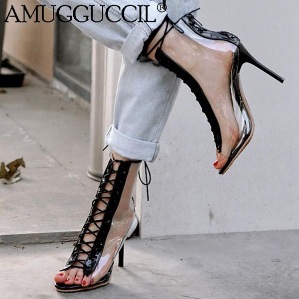 

2020 new plus big size 31-48 black nude white fashion lace up high heel clear spring summer female ladies women boots x1976