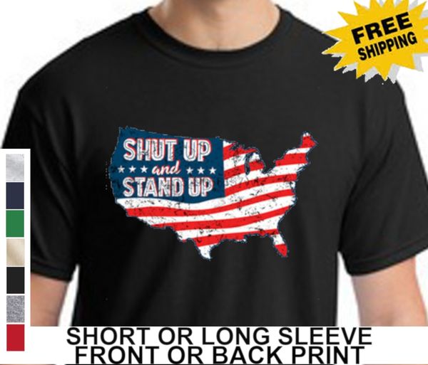 

shut up and stand up for national anthem american flag dont kneel mens t shirt