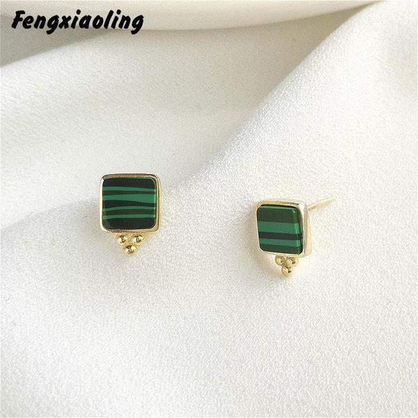 

fengxiaoling really 925 sterling silver geometric square malachite stud earrings for women european style earings jewelry, Golden;silver