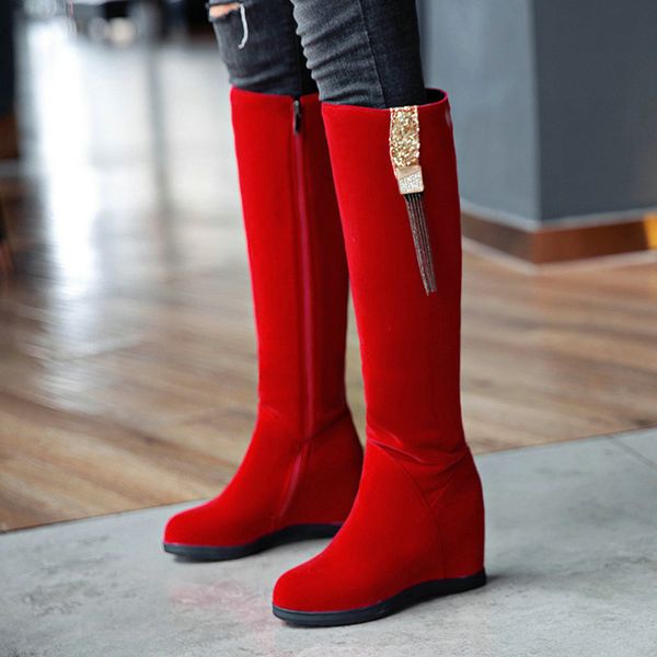 

zipper lady boots round toe red woman booties thigh high heels high women's shoes platform winter footwear ladies, Black
