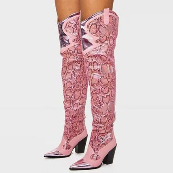 

siddons metal pointed toe female thigh high boots pink snake prints women autumn winter shoes high heels ladies over knee boots, Black