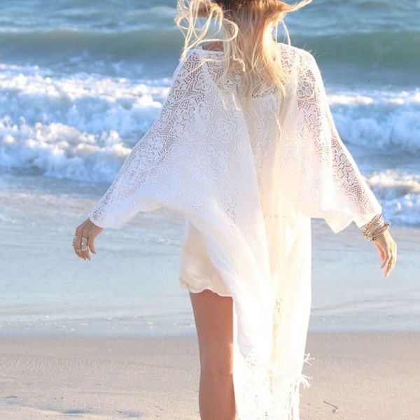 

boho women fringe lace kimono cardigan white tassels beach cover up cape blouses s72 drop shipping, White;black