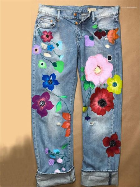 

fashion female clothes flowers women jeans plus size colorful straight slim ladies jeans casual denim streetwear, Blue