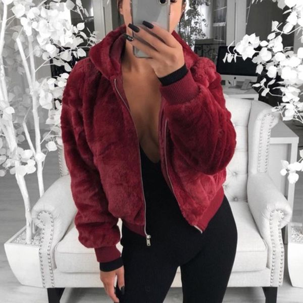 

2020 new faux fur women coat with hood high waist fashion slim black red pink faux fur jacket fake coats