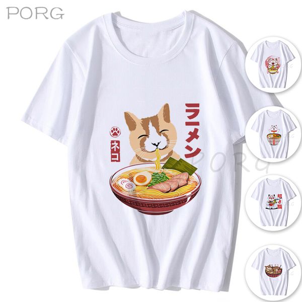 

кошка любовь ramen япония аниме рубашка эстетическая хлопок прохладный vintage футболки мужчин harajuku streetwear kawaii белый крупногабари