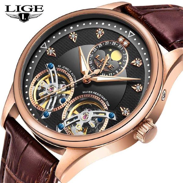 

2020 new lige mens watches luxury leather double tourbillon mechanical watch men fashion business automatic waterproof watch+box, Slivery;brown