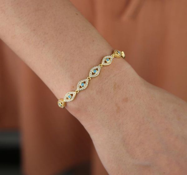 

15 4cm gold filled micro pave cz lovely turkish evil eye charm beads linked bracelet for girl women fashion002, Golden;silver