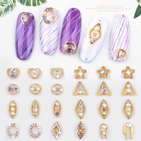 

nail art decorations 5pcs/lot glitter ab crystal rhinestones 3d geometric alloy charm stud pearls jewelry diy manicure tool, Silver;gold
