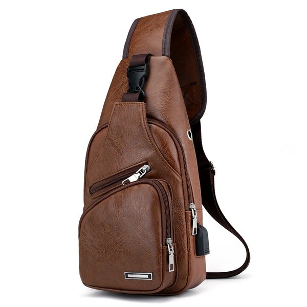 

ougger mens leather crossbody messenger bags brown pu shoulder usb charging chest bag sport bicycle riding bucket zipper pouch