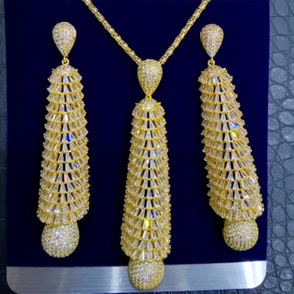 

godki long water drop 2pc nigerian necklace earring jewelry set for women wedding cubic zircon dubai bridal jewelry sets, Silver