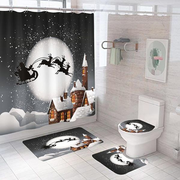 

santa claus merry christmas bathroom curtains set snow shower curtain and anti-slip pedestal rug lid toilet cover bath mat