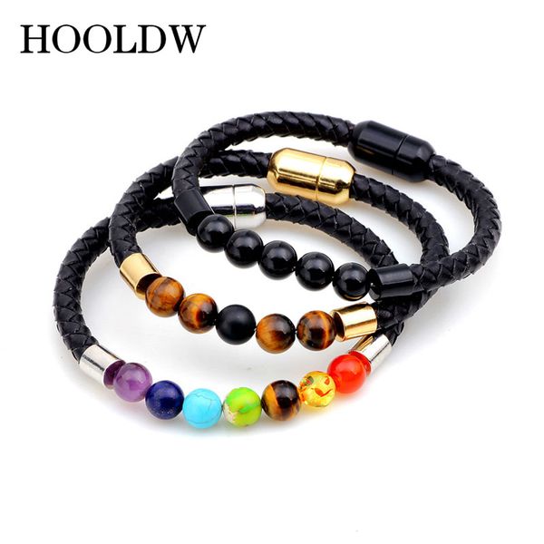 

7 reiki chakra healing bracelet natural tiger eye stone beads bracelets braided genuine leather bracelets bangles for men women, Black