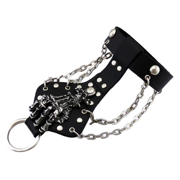 

punk skull skeleton hand black leather wristband slave bracelet ring bangle, Golden;silver