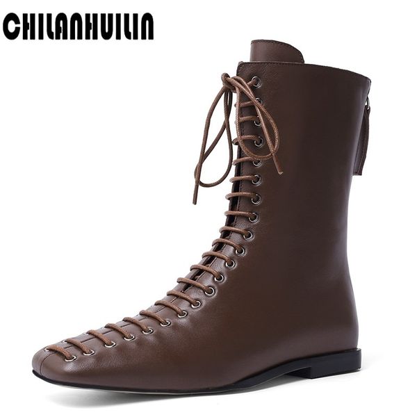 

cowhide high heel women's shoes genuine leather ankle boots 2020 autumn winter shoes classic lace up low thick heel boots women, Black