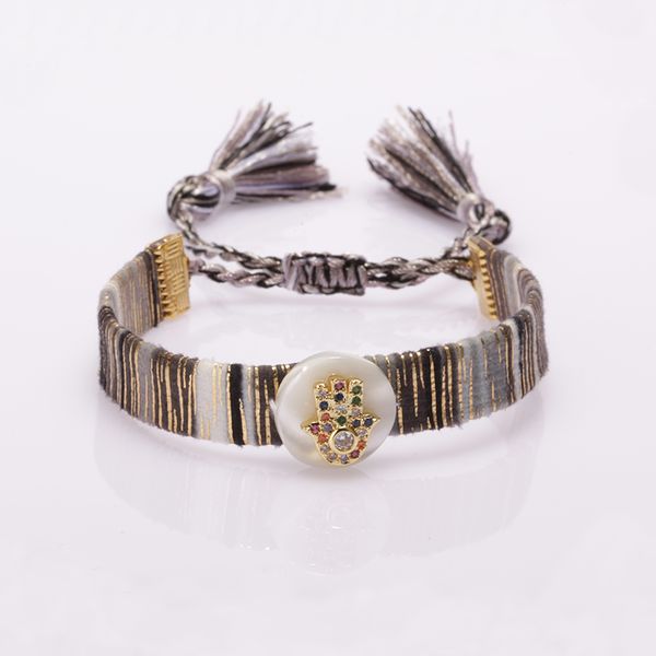 

gold mix cz paved fatima's hand evil eye protection charm shell bead bohemia boho silk ban bracelet hand wrist jewelry, Golden;silver