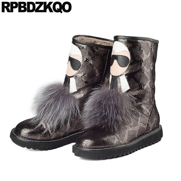 

shoes flat short sheepskin plush embellished big size 10 fur real winter snow boots women ankle slip on plus, Black