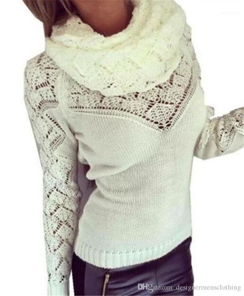 

long sleeve pullover ladies sweaters fashion solid color female clothing winter elegant womens sweaters scarf collar, White;black