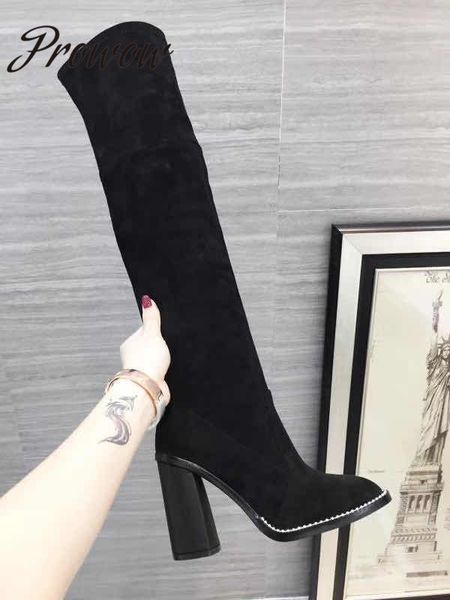 

ollymurs gneuine leather over the knee high thigh boots metal trimmed thick heel club party boots, Black