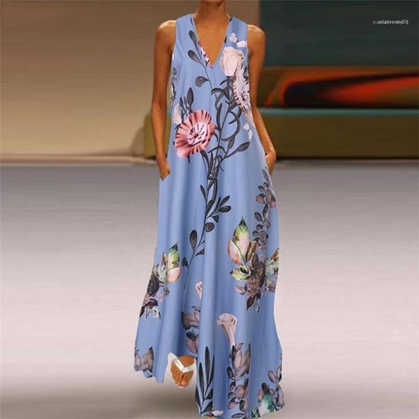 

casual dresses summer sleeveless deep v neck a line dresses plus size women clothing floral printed, Black;gray