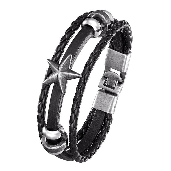 

2020 new vintage leather bracelet men's fashion pentagram multilayer warp knit cuffs female puseira masculina, Black