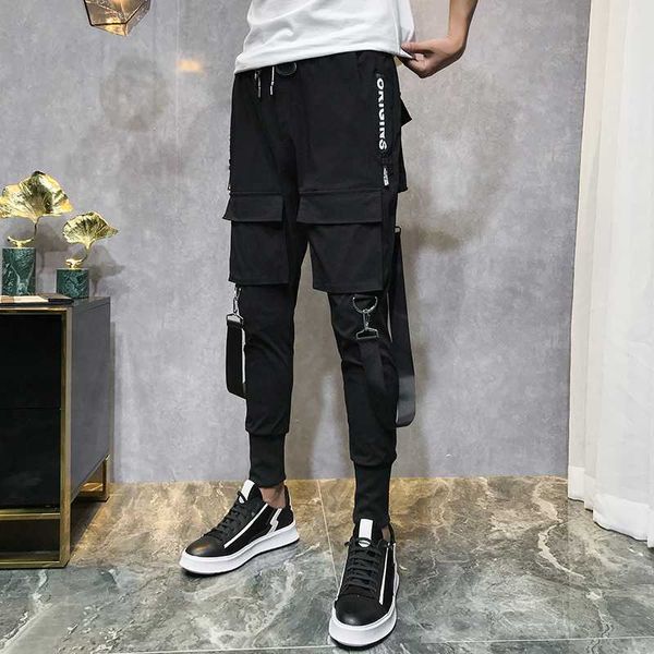 

men's pants 2021 men streetwear black harem light punk ribbons casual slim jogger hip hop trousers lbz138