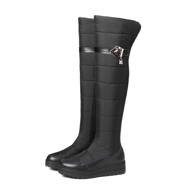 

lucyever 2020 winter over the knee boots women waterproof med heels platform down snow boots woman cotton warm shoes plus size, Black