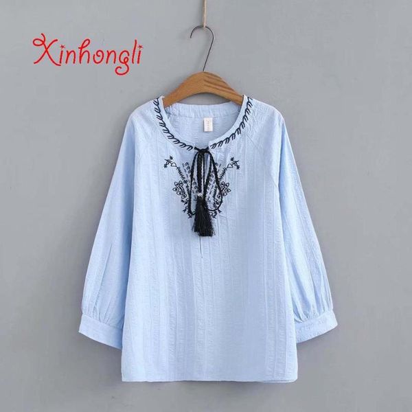 

plus size embroidery o-neck long sleeve cotton loose women blouse 2020 spring casual ladies drop shoulder shirts female, White