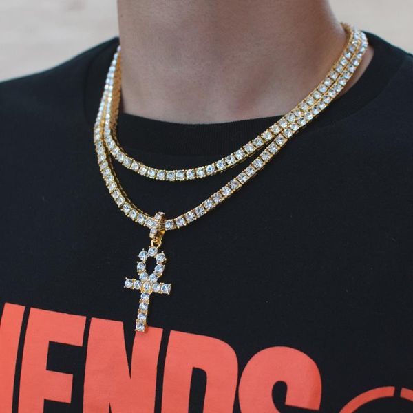 

24" gold silver hip hop rock style jewelry sparking bling crystal tennis chain cz cross pendant mens tennis chian cross necklace