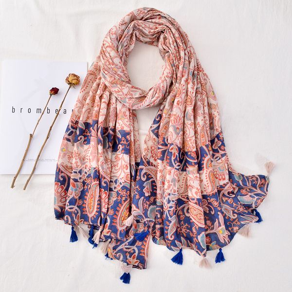 

scarves royalmaybe 2021 autumn and winter retro ethnic pink print scarf travel sunscreen shawl beach towel, Blue;gray