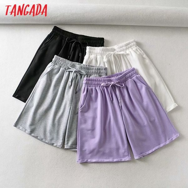

tangada 2020 women solid cotton terry shorts bow strethy waist pockets female retro casual shorts pantalones 2u4, White;black