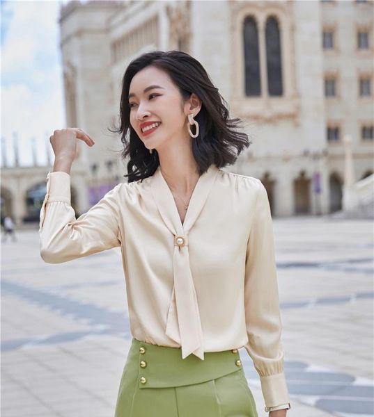 

long sleeve formal blouses shirts for women business work wear elegant apricot styles blouse career interview clothes, White
