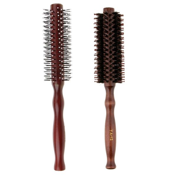 

2x round wood handle bristle hairbrush barber hairdressing curling hair comb brush, Silver