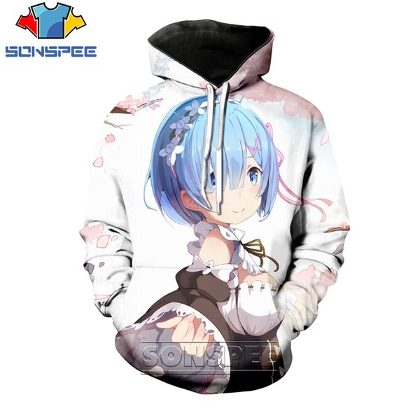 

men's hoodies & sweatshirts casual 2021 sonspee 3d print men women long sleeve cosplay pullover re:zero rem girl cute sweatshirt, Black