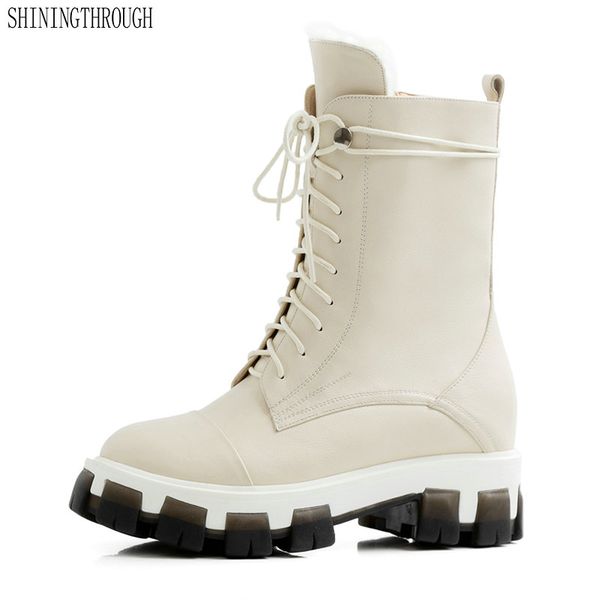 

genuine leather thick high heels platform women ankle snow boots lace up winter warm boots woman ladies shoes large size 42 43, Black