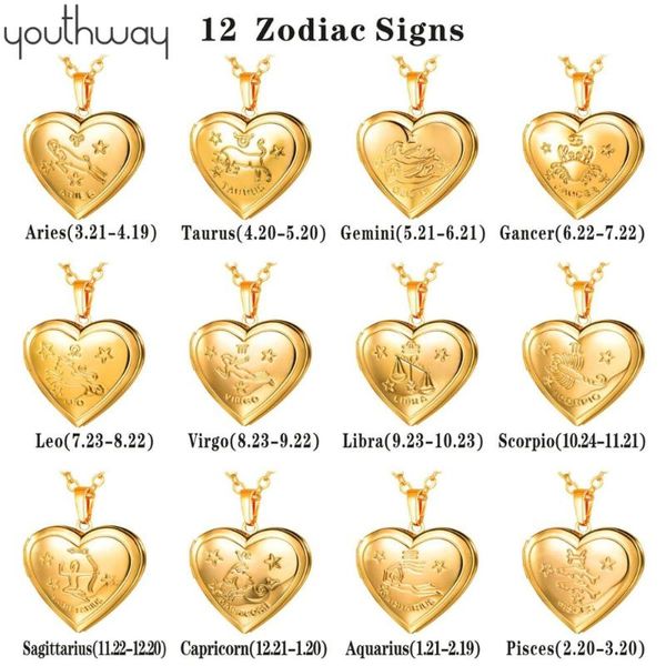 

12 zodiac p frame memory locket pendant necklace 18 k vacuum plating brass love heart box pendant necklace jewelry gifts, Silver
