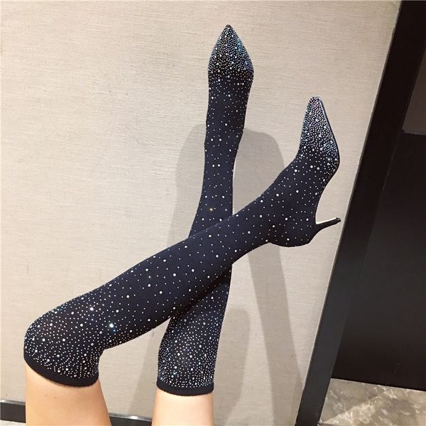 

boots natascha women crystal pointed toe over-the-knee thin heel shoes woman spring/autumn part winter pu, Black