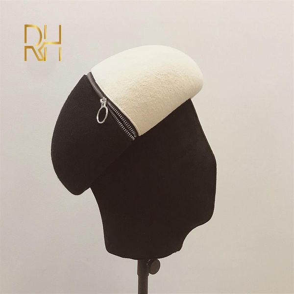 

berets elegant retro white black patchwork warm wool beret femme women french hat zipper accent thick lady girl winter rh, Blue;gray